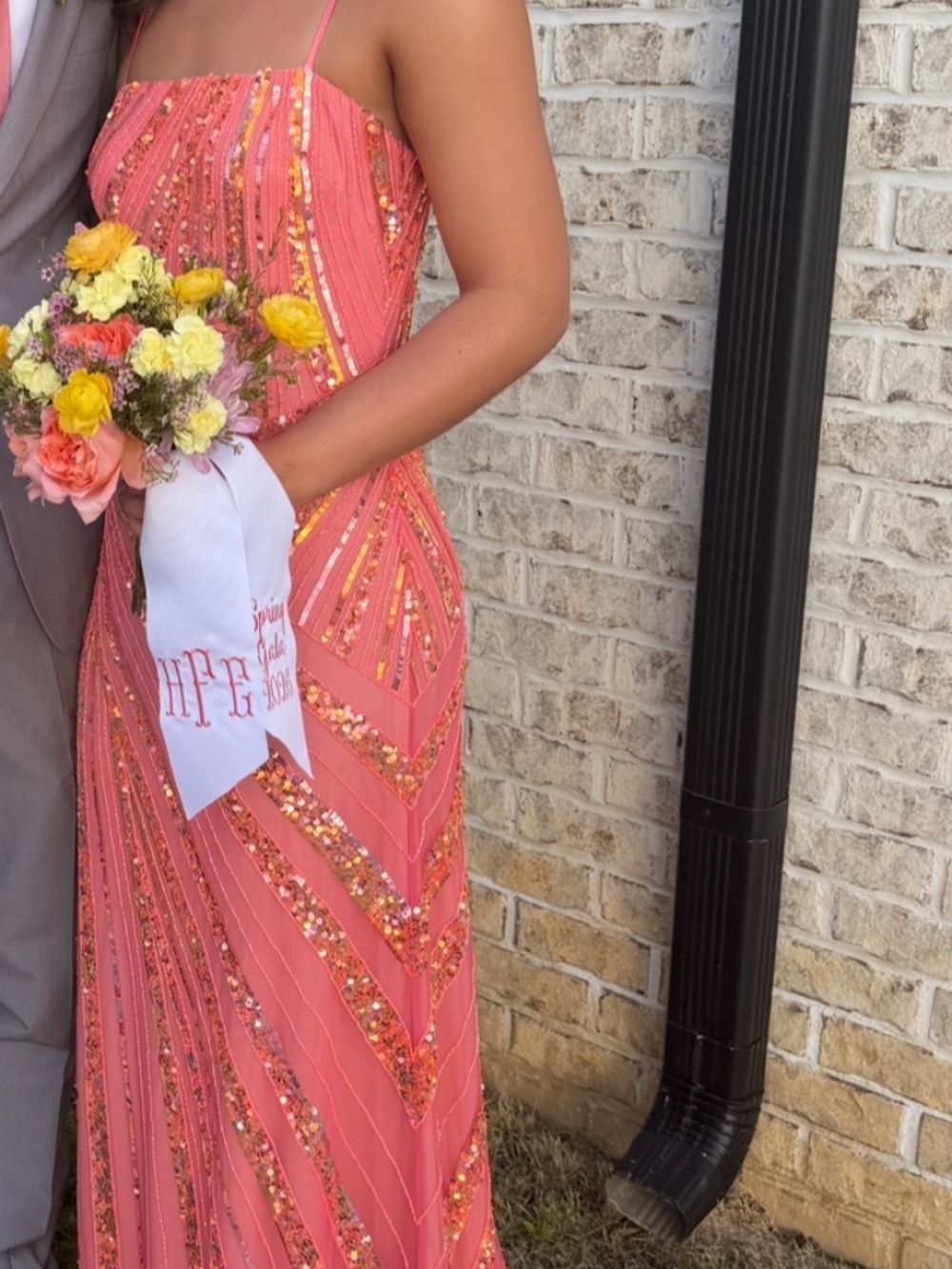 Beaded Strapless Train Gown Coral/Pink Prom Sequin - Picture 1 of 9